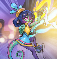 Rule 34 | 1girl, blue hair, building, chameleon girl, chameleon tail, climbing, colored sclera, colored skin, foot out of frame, full body, gradient hair, graffiti, green skin, hair between eyes, jacket, league of legends, looking at viewer, multicolored hair, neeko (league of legends), official alternate costume, official alternate hairstyle, outdoors, phantom ix row, pink sclera, purple eyes, purple hair, sidelocks, solo, street demon neeko, tail, two-tone hair, yellow headwear