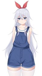 Rule 34 | 1girl, 88942731ne, alternate costume, arms behind back, blue eyes, blue overalls, commentary request, cowboy shot, hair ribbon, hibiki (kancolle), highres, kantai collection, long hair, overall shorts, overalls, red ribbon, ribbon, simple background, solo, standing, tank top, thighhighs, white background, white hair, white thighhighs