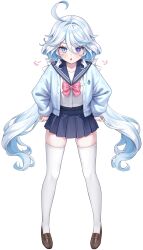 Rule 34 | 1girl, absurdres, ahoge, blue eyes, blue hair, blue skirt, bow, brown footwear, full body, furina (genshin impact), genshin impact, hair between eyes, hands on own hips, heterochromia, highres, loafers, long hair, long sleeves, looking at viewer, low twintails, miho (mymiho), pink bow, pleated skirt, school uniform, serafuku, shirt, shoes, short hair, simple background, skirt, solo, standing, thighhighs, twintails, white background, white hair, white shirt, white thighhighs, zettai ryouiki