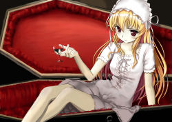 Rule 34 | 1girl, alcohol, blonde hair, blood, coffin, cupping glass, drink, fortune arterial, glass, headdress, long hair, mocha, red eyes, sendou erika, solo, vampire, wine