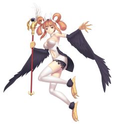 Rule 34 | 1girl, bad id, bad pixiv id, bare shoulders, black wings, breasts, choker, claws, clothing cutout, dress, duel monster, harpie channeler, harpy, holding, large breasts, legs, long hair, looking at viewer, matching hair/eyes, midriff, monster girl, navel, navel cutout, orange eyes, orange hair, pointy ears, simple background, skindentation, smile, solo, staff, strapless, strapless dress, talons, thighhighs, tsukikanade, twintails, white background, white thighhighs, winged arms, wings, yu-gi-oh!, yu-gi-oh! duel monsters