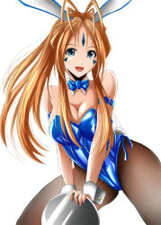 Rule 34 | 1girl, aa megami-sama, animal ears, antenna hair, bare shoulders, belldandy, blue eyes, blue leotard, bow, bowtie, breasts, brown hair, cleavage, collarbone, covered navel, detached collar, facial mark, fake animal ears, fake tail, fishnet pantyhose, fishnets, forehead mark, holding, holding tray, large breasts, leotard, long hair, looking at viewer, open mouth, pantyhose, playboy bunny, rabbit ears, rabbit tail, simple background, strapless, strapless leotard, tail, tray, white background, wrist cuffs, yamada (fanfantaisa)