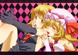 Rule 34 | 2girls, adapted costume, argyle, argyle background, argyle clothes, bare shoulders, black gloves, blonde hair, blush, bow, breasts, bridal gauntlets, elbow gloves, flandre scarlet, gloves, hair bow, hat, highres, licking, multiple girls, nail polish, open mouth, red eyes, rumia, shirane koitsu, short hair, small breasts, touhou, yuri