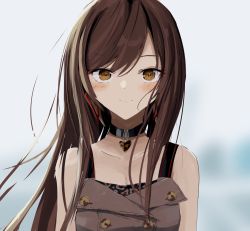 Rule 34 | 1girl, bare shoulders, black choker, blurry, blurry background, breasts, brown dress, brown eyes, brown hair, choker, closed mouth, collarbone, commentary request, depth of field, doran (dorannomai), dress, eyebrows hidden by hair, hair between eyes, heart, highres, idolmaster, idolmaster shiny colors, long hair, looking at viewer, osaki amana, sleeveless, sleeveless dress, small breasts, smile, solo, upper body