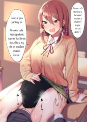 Rule 34 | 1boy, 1girl, amano don, blush, brown eyes, brown hair, classroom, desk, drooling, fang, femdom, hair ornament, hairclip, hand on another&#039;s head, hard-translated, head under skirt, heavy breathing, highres, implied cunnilingus, long hair, mouth drool, on desk, open mouth, original, pleated skirt, sitting, on desk, skirt, sleeves past wrists, steaming body, third-party edit, translated