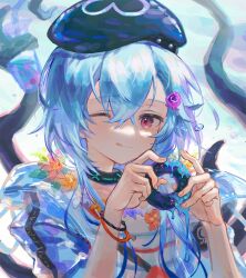 Rule 34 | 1boy, ;q, arknights, black hat, blue hair, bracelet, closed mouth, collar, doughnut, food, hat, highres, holding, holding food, infection monitor (arknights), jewelry, long hair, looking at viewer, mizuki (arknights), mizuki (summer feast) (arknights), one eye closed, red eyes, shirt, smile, solo, spacelongcat, striped clothes, striped shirt, tentacles, tongue, tongue out, upper body, white shirt