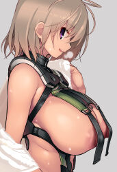 Rule 34 | 1girl, ahoge, blonde hair, breasts, highres, huge breasts, j2m raiden (personification), looking at viewer, mc axis, messy (efuya), nipples, open mouth, original, personification, profile, puffy sleeves, purple eyes, revealing clothes, short hair, simple background, smile, solo, strap, towel