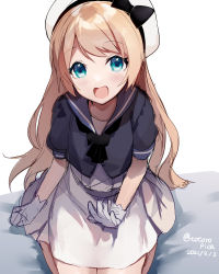 Rule 34 | 1girl, blonde hair, blue eyes, blue sailor collar, blush, collarbone, dated, dress, gloves, hat, jervis (kancolle), kantai collection, long hair, open mouth, picoli1313, sailor collar, sailor dress, sailor hat, short sleeves, smile, solo, twitter username, white dress, white gloves, white hat