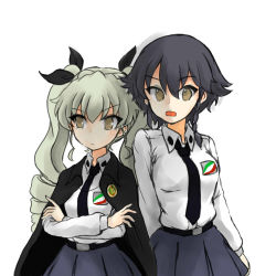 Rule 34 | 10s, 2girls, anchovy (girls und panzer), anzio (emblem), anzio school uniform, arm behind back, belt, black cape, black hair, black necktie, black ribbon, black skirt, braid, brown eyes, cape, commentary request, crossed arms, days135, dress shirt, drill hair, emblem, girls und panzer, green hair, hair ribbon, highres, light frown, long hair, long sleeves, looking at viewer, miniskirt, multiple girls, necktie, no pupils, open mouth, pepperoni (girls und panzer), pleated skirt, red eyes, ribbon, school uniform, shirt, short hair, side braid, simple background, skirt, standing, twin drills, twintails, upper body, white background, white shirt