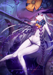 1girl abigail_williams_(fate) abigail_williams_(third_ascension)_(fate) absurdres breasts commentary emaciated english_text fate/grand_order fate_(series) grin hat highres holding holding_key key keyhole knees_together_feet_apart long_hair looking_at_viewer lowleg lowleg_panties pale_skin panties red_eyes revealing_clothes ruochongsang small_breasts smile solo teeth thigh_gap underwear v-shaped_eyebrows very_long_hair white_hair witch_hat