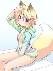 Rule 34 | animal ears, between legs, blonde hair, blue eyes, breasts, fox ears, fox tail, hair ornament, hairclip, hand between legs, hand up, hood, hoodie, looking at viewer, medium breasts, natsu no koucha, no bra, no pants, open clothes, open hoodie, short hair, simple background, sitting, smile, solo, tail, white background