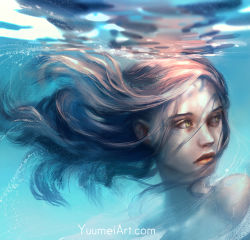 Rule 34 | 1girl, brown hair, close-up, closed mouth, face, facing viewer, floating hair, lips, long hair, looking to the side, original, solo, topless, underwater, watermark, web address, yellow eyes, yuumei