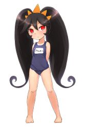 Rule 34 | 1girl, :&lt;, arms behind back, ashley (warioware), bare shoulders, barefoot, black hair, blue one-piece swimsuit, child, closed mouth, collarbone, eyebrows, feet, female focus, full body, hair between eyes, hairband, highres, long hair, nintendo, no pupils, one-piece swimsuit, orange hairband, red eyes, school swimsuit, sidelocks, sideways glance, simple background, solo, standing, swimsuit, twintails, very long hair, warioware, white background