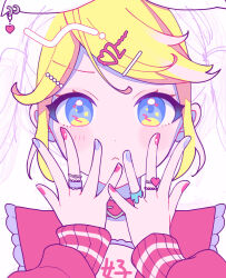 Rule 34 | 1girl, :&lt;, blonde hair, blue eyes, bow, buckle, choker, hair ornament, hairclip, heart, heart-shaped buckle, heart hair ornament, highres, jewelry, kagamine rin, light blush, looking at viewer, multiple rings, nail art, nokuhashi, number hair ornament, pearl hair ornament, pink choker, pink nails, pink sailor collar, purple nails, ring, sailor collar, sidelocks, solo, swept bangs, two-tone eyes, unfinished, vocaloid, white bow