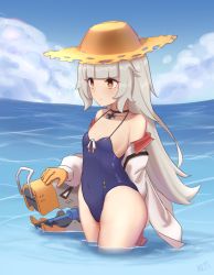 Rule 34 | 1girl, azur lane, bare shoulders, blue one-piece swimsuit, blue sky, blunt bangs, casual one-piece swimsuit, choker, cloud, cross, day, dog, duan zhu, flat chest, gloves, hat, highres, horizon, iron cross, jacket, long hair, one-piece swimsuit, open clothes, open jacket, outdoors, silver hair, single glove, sky, solo, straw hat, sun hat, swimsuit, very long hair, water, white jacket, yellow eyes, yellow gloves, z46 (azur lane), z46 (her first summer) (azur lane)