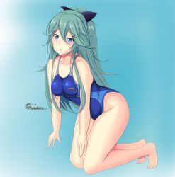 1girl, all fours, bangs, barefoot, black ribbon, blue background, blue swimsuit, breasts, competition swimsuit, dated, green eyes, green hair, hair between eyes, hair ornament, hair ribbon, hairclip, highres, kantai collection, long hair, montemasa, one-piece swimsuit, parted bangs, ponytail, ribbon, sidelocks, small breasts, solo, swimsuit, twitter username, yamakaze (kancolle)