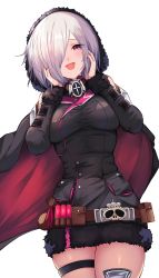 Rule 34 | 1girl, absurdres, breasts, choker, cowboy shot, fangs, hair between eyes, highres, large breasts, long sleeves, looking at viewer, open mouth, pouch, purple eyes, purple hair, shadowverse, short hair, simple background, skull, solo, tongue, white background, wizardess of oz, yamato (muchuu paradigm)