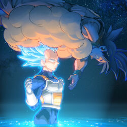 Rule 34 | 2boys, aura, blue bodysuit, bodysuit, couple, crying, dragon ball, dragonball z, eye contact, feet out of frame, glowing, glowing hair, hands up, highres, looking at another, lying, male focus, multiple boys, muscular, muscular male, on stomach, receding hairline, saiyan armor, short hair, sky, smile, son goku, spiked hair, star (sky), starry sky, super saiyan, super saiyan blue, supobi, tears, thick eyebrows, vegeta, wading, yaoi