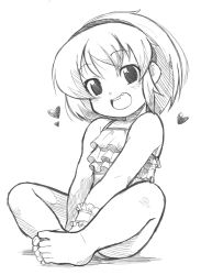 Rule 34 | 1girl, bare shoulders, barefoot, butterfly sitting, greyscale, hairband, heart, looking at viewer, missing tooth, monochrome, open mouth, original, sagamimok, short hair, sitting, sketch, smile, solo