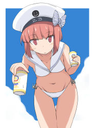 Rule 34 | 10s, 1girl, bikini, blush, breasts, groin, hat, kantai collection, kugui kiyunemu, navel, red eyes, red hair, small breasts, solo, swimsuit, z3 max schultz (kancolle)
