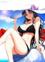 Rule 34 | bikini, black bikini, black hair, blue sky, breasts, chest tattoo, cleavage, commentary request, crossed legs, day, facial mark, fate/extra, fate/extra ccc, fate/grand order, fate (series), flower, forehead mark, globe, hand to hat, hat, highres, lace, lace-trimmed bikini, lace trim, large breasts, long hair, mattari yufi, navel, ocean, sessyoin kiara, shadow, sidelocks, sitting, sky, smile, solo, sun hat, swimsuit, tattoo, translation request, twitter username, yellow eyes