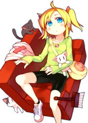 Rule 34 | 1girl, bachera, bag, bike shorts, blonde hair, blue eyes, blush, broom, buttons, cat, couch, green shirt, lying, original, oversized button, pakky (bachera), red upholstery, shirt, shoes, short hair, sneakers, solo, spandex, twintails