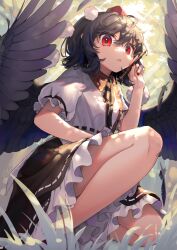 Rule 34 | 1girl, black hair, black ribbon, black skirt, black wings, dappled sunlight, day, feathered wings, frilled skirt, frilled sleeves, frills, gunjou row, hat, highres, holding, holding pen, looking at viewer, nail polish, neck ribbon, on one knee, outdoors, parted lips, pen, puffy short sleeves, puffy sleeves, red eyes, red hat, red nails, ribbon, shameimaru aya, shirt, short hair, short sleeves, skirt, solo, sunlight, tokin hat, touhou, white shirt, wings