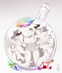 Rule 34 | 1girl, against glass, animal ears, breasts, closed mouth, colored skin, flask, gradient background, grey background, grey eyes, groin, hair over one eye, in container, kazana (sakuto), kneeling, long hair, looking at viewer, no nipples, nude, original, rainbow order, round-bottom flask, signature, small breasts, solo, very long hair, white hair, white skin
