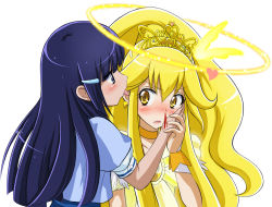 Rule 34 | 10s, 2girls, aoki reika, blonde hair, blood, blue eyes, blue hair, blush, couple, cure peace, cure peace (princess form), dress, hair flaps, hair tubes, halo, hand on another&#039;s cheek, hand on another&#039;s face, kise yayoi, licking, long hair, magical girl, multiple girls, nosebleed, precure, princess form (smile precure!), smile precure!, suzushiro yukari, tongue, yellow dress, yellow eyes, yuri