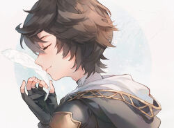 Rule 34 | 1boy, ahoge, brown hair, closed eyes, commentary, commentary request, cropped shoulders, endend (shinia), english commentary, feathers, fingerless gloves, from side, gloves, granblue fantasy, hair between eyes, holding, holding feather, hood, hood down, light smile, looking at viewer, male focus, messy hair, mixed-language commentary, sandalphon (granblue fantasy), smile, solo focus, turtleneck, white feathers
