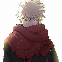 Rule 34 | 1boy, bakugou katsuki, black coat, blonde hair, boku no hero academia, cho mo futoshi, coat, covered mouth, fringe trim, male focus, official alternate costume, red eyes, red scarf, scarf, simple background, solo, spiked hair, white background