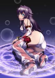 Rule 34 | 1girl, absurdres, aqua eyes, ass, bare shoulders, blush, chestnut mouth, detached sleeves, full body, highres, leotard, long hair, lying, magic circle, moto7927, on side, original, panties, pants, purple hair, shoes, solo, underwear, wrist cuffs