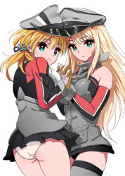 Rule 34 | 10s, 2girls, anchor hair ornament, ass, bad id, bad pixiv id, bare shoulders, bismarck (kancolle), black ribbon, black skirt, blonde hair, blue eyes, breasts, detached sleeves, grey legwear, hair ornament, hat, kantai collection, large breasts, long hair, long sleeves, microskirt, military, military uniform, multiple girls, panties, peaked cap, pleated skirt, prinz eugen (kancolle), ribbon, shijuu, simple background, skirt, thighhighs, twintails, underwear, uniform, very long hair, white background, white panties, zettai ryouiki