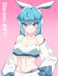 Rule 34 | 1girl, bare shoulders, blue eyes, blue hair, breasts, cleavage, collarbone, creatures (company), detached sleeves, drunkoak, game freak, gen 4 pokemon, glaceon, gloves, gradient background, hand on own hip, highres, looking at viewer, matching hair/eyes, medium breasts, navel, nintendo, personification, pink background, pokemon, pokemon (creature), short hair with long locks, simple background, solo, upper body