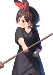 Rule 34 | 1girl, black cat, black dress, black hair, blush, bow, cat, child, closed mouth, dress, highres, jiji (majo no takkyuubin), kiki (majo no takkyuubin), majo no takkyuubin, red bow, ryota (ry o ta), short hair, simple background, white background, witch
