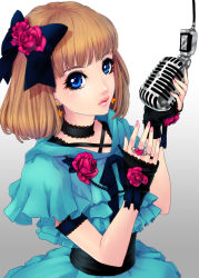 Rule 34 | 1girl, blonde hair, blue eyes, bow, earrings, expressionless, eyelashes, flower, gradient background, hair bow, hair flower, hair ornament, jewelry, kunishige keiichi, lace, lips, looking at viewer, microphone, nail polish, original, pink nails, red flower, red rose, ring, rose, short hair, short sleeves, solo, star (symbol), star earrings, upper body