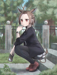 Rule 34 | 1girl, alternate costume, animal ears, antelope ears, antelope horns, arm rest, black pantyhose, black shirt, brown hair, casual, cellphone, closed mouth, contemporary, day, extra ears, forehead, from side, full body, hand on own chin, hand up, highres, holding, holding phone, horns, kemono friends, kotobukkii (yt lvlv), pantyhose under shorts, looking afar, multicolored hair, outdoors, pantyhose, phone, red eyes, red footwear, serious, shirt, shoes, short hair, shorts, sidelocks, sitting, smartphone, solo, stairs, tail, thinking, topi (kemono friends), two-tone hair, watch, wristwatch