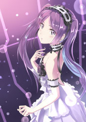 Rule 34 | 1girl, armlet, bare arms, bare back, bare shoulders, black choker, black hairband, blush, breasts, choker, closed mouth, commentary request, dress, euryale (fate), fate/grand order, fate (series), frilled choker, frilled dress, frilled hairband, frills, gan-viking, hairband, head tilt, highres, lolita fashion, lolita hairband, long hair, looking at viewer, purple eyes, purple hair, sleeveless, sleeveless dress, small breasts, solo, strapless, strapless dress, twintails, very long hair, white dress