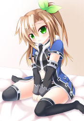 Rule 34 | 10s, 1girl, adapted costume, alternate costume, bed, black thighhighs, blush, bow, breasts, brown hair, detached sleeves, gradient background, green eyes, hair bow, hair ornament, highres, if (neptunia), long hair, looking at viewer, neptune (series), ribbon, side ponytail, sitting, smile, solo, thighhighs, thighs, wariza, whitey