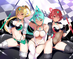 Rule 34 | 3girls, absurdres, alternate hairstyle, bare shoulders, belt, belt buckle, bikini, black choker, black jacket, blonde hair, blush, boots, breasts, buckle, cameltoe, camisole, center opening, checkered flag, chest jewel, choker, cleavage, closed mouth, collarbone, commentary request, cover, covered navel, cowboy shot, cropped jacket, daive, earrings, female focus, flag, gem, gluteal fold, high ponytail, highleg, highleg bikini, highleg leotard, highres, holding, holding umbrella, huge filesize, jacket, jewelry, large breasts, leg up, leotard, long hair, looking at viewer, matching hair/eyes, microskirt, miniskirt, multiple girls, multiple persona, mythra (xenoblade), navel, nintendo, one eye closed, open clothes, open jacket, open mouth, pneuma (xenoblade), pyra (xenoblade), race queen, red hair, see-through, short hair, short sleeves, simple background, skirt, smile, spoilers, stomach, swept bangs, swimsuit, thigh boots, thighhighs, thighs, thong bikini, tiara, tongue, tongue out, two-tone background, two-tone bikini, umbrella, upskirt, very long hair, white background, white footwear, white jacket, white leotard, wink, xenoblade chronicles (series), xenoblade chronicles 2, yellow eyes