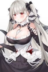 Rule 34 | 1girl, absurdres, azur lane, bad id, bad pixiv id, between breasts, black dress, blush, breasts, cleavage, closed mouth, curtsey, dress, earrings, formidable (azur lane), frilled dress, frills, grey hair, hair ribbon, highres, jewelry, large breasts, long hair, looking at viewer, red eyes, ribbon, simple background, solo, twintails, two-tone dress, two-tone ribbon, very long hair, white background, yuuko (030 yuko)