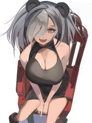 Rule 34 | 1girl, absurdres, animal ears, arknights, bare shoulders, black dress, black hair, boots, breasts, brown footwear, chair, cleavage, cleavage cutout, clothing cutout, dress, fang, feater (arknights), from above, grey hair, hair over one eye, highres, large breasts, long hair, multicolored hair, one eye covered, open mouth, orange eyes, panda ears, panda girl, simple background, sinoda, sitting, skin fang, sleeveless, sleeveless dress, solo, streaked hair, white background