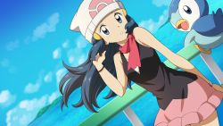 1girl beanie black_hair cloud commentary_request creatures_(company) dawn_(pokemon) day dutch_angle eyelashes floating_hair game_freak gen_4_pokemon hair_ornament hairclip hand_up hat long_hair looking_at_viewer nintendo pink_neckwear piplup pokemon pokemon_(anime) pokemon_(creature) pokemon_dppt_(anime) railing scarf sky suitenan water white_headwear