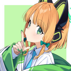 Rule 34 | 1girl, animal ear headphones, animal ears, blonde hair, blue archive, blue necktie, bow, collared shirt, fake animal ears, fingernails, green bow, green eyes, green halo, green nails, hair bow, halo, headphones, highres, index finger raised, jacket, looking at viewer, midori (blue archive), nail polish, necktie, shirt, short hair, solo, upper body, white jacket, white shirt, xiaoxiao de kuangsan