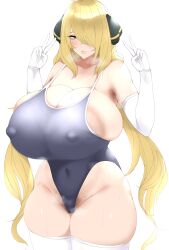 Rule 34 | 1girl, absurdres, aizawa marimo, areola slip, armpit hair, armpits, blonde hair, blue one-piece swimsuit, blush, breasts, cleavage, competition swimsuit, covered erect nipples, covered navel, creatures (company), curvy, cynthia (pokemon), double v, elbow gloves, female pubic hair, game freak, gigantic breasts, gloves, hair ornament, hair over one eye, highleg, highleg swimsuit, highres, huge areolae, huge breasts, long hair, looking at viewer, mature female, mismatched pubic hair, multicolored clothes, multicolored swimsuit, navel, nintendo, one-piece swimsuit, pokemon, pokemon dppt, pubic hair, pubic hair peek, simple background, solo, steaming body, swimsuit, thick thighs, thighhighs, thighs, two-tone swimsuit, v, white background, wide hips