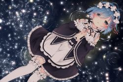 Rule 34 | 1girl, absurdres, apron, black hairband, black ribbon, black skirt, black sleeves, blue eyes, blue hair, blush, breasts, choker, cleavage, detached sleeves, eyes visible through hair, flower, frilled skirt, frilled thighhighs, frills, from above, from below, hair between eyes, hair flower, hair ornament, hair ribbon, hairband, half-closed eyes, head wreath, highres, interlocked fingers, llatteowo, long sleeves, looking at viewer, lying, medium breasts, medium skirt, neck ribbon, on back, open mouth, own hands clasped, own hands together, pink ribbon, re:zero kara hajimeru isekai seikatsu, rem (re:zero), ribbon, ribbon-trimmed sleeves, ribbon trim, roswaal mansion maid uniform, short hair, skirt, solo, thighhighs, waist apron, water surface, white apron, white choker, white flower, white thighhighs, zettai ryouiki