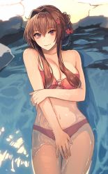 Rule 34 | 1girl, bare arms, bare legs, bare shoulders, bikini, breasts, brown eyes, brown hair, cleavage, closed mouth, collarbone, cowboy shot, flower, hair between eyes, hair flower, hair ornament, highres, kantai collection, kasumi (skchkko), large breasts, long hair, looking at viewer, navel, o-ring, o-ring bikini, partially submerged, pink bikini, pink flower, smile, solo, swimsuit, water, yamato (kancolle)