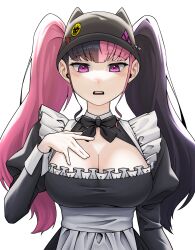 Rule 34 | 1girl, alternate costume, apron, black dress, black hair, black hat, breasts, cleavage, commentary request, dress, enmaided, frills, hat, highres, korean commentary, large breasts, long hair, maid, maid apron, multicolored hair, palworld, park ppaeng i, pink eyes, pink hair, puffy sleeves, simple background, solo, twintails, two-tone hair, waist apron, white apron, white background, wrist cuffs, zoe rayne