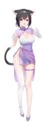 Rule 34 | 1girl, absurdres, animal ears, ankleband, black hair, breasts, brown eyes, cat ears, cat tail, china dress, chinese clothes, cleavage, dress, gloves, hair between eyes, highres, looking at viewer, medium breasts, open mouth, original, purple dress, purple footwear, sarong, single thighhigh, solo, suzuya (maru), tail, thigh strap, thighhighs, white gloves, white thighhighs