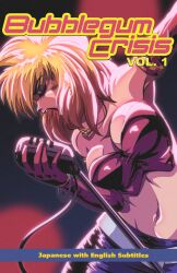 Rule 34 | 1girl, arm up, bandeau, bangle, black skirt, blonde hair, bracelet, breasts, bubblegum crisis, bustier, closed eyes, commentary, copyright name, cover, elbow gloves, english commentary, english text, eyeshadow, fake cover, gloves, highres, holding, holding microphone stand, jewelry, large breasts, leather, leather gloves, leather skirt, makeup, microphone, microphone stand, midriff, multicolored hair, navel, necklace, open mouth, priscilla asagiri, red bandeau, red gloves, red hair, skirt, solo, tedbob84, vhs cover, wig, wire